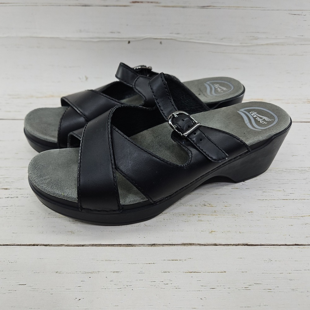 Dansko Sela Womens 40 US 9.5-10 Black Leather Strappy Clog Sandals Slides Chunky
